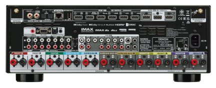 Audio-video zesilovač Denon AVC-X3900H černý, zadní pohled s porty HDMI, Ethernet, RCA a reproduktorovými svorkami