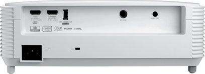 Optoma HD29He hvid videoprojektor, bagside, HDMI-, USB-, lyd- og strømstik, ventilationsgitre