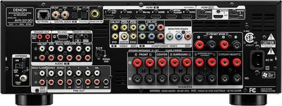 Černý domácí kino zesilovač Denon AVR-3313CI, pohled zepředu, přední panel s množstvím audio/video vstupů, tlačítek a ovládacích koleček