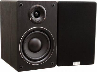 Reproduktorová skříň Taga Harmony TAV-808B wenge, pohled zepředu, kruhový tweeter a woofer, tmavě dřevěná obdélníková skříň