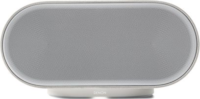 Lysgrå Denon Home 600 trådløs højttaler set forfra, stor oval metalgitter på rund sokkel