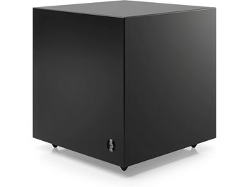 Caisson de grave Audio Pro SW-5 noir, de forme cubique, vu de trois quarts avec faces lisses, logo discret et petits pieds