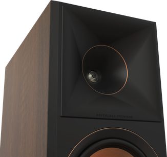 Klipsch RP-6000F II walnut floorstanding speaker 2022 edition, close-up front view, walnut finish, visible speaker driver