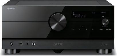 Ampli home-cinéma Yamaha RX-A4A noir, vue de face, affichage bleu "Blu-ray SURROUND AI", boutons et molettes en façade