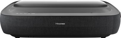 Hisense 100L9HD projektor, set forfra, sort rektangulært kabinet, glat overflade på toppen, frontgitter i stof