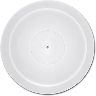 Hvid vinylplade set forfra med en hvid, cirkulær midteretiket med et lille hul i midten