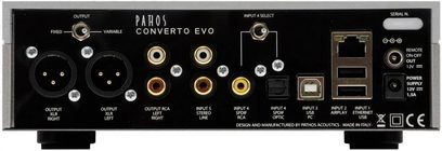 Audio převodník DAC Pathos Converto EVO, čelní pohled, RCA a XLR konektory, tlačítka a kontrolky