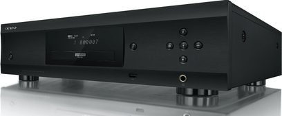 OPPO UDP-205 EU sort 4K Blu-ray-afspiller, frontvisning, blåt digitalt display, knapper og stik på forsiden