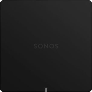 Cassa nera quadrata con il logo bianco "SONOS" al centro, su uno sfondo nero uniforme