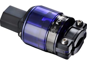 Adattatore di alimentazione Furutech FI-11-N1 (R) in plastica blu translucida, puntale rettangolare nero, collare a due viti