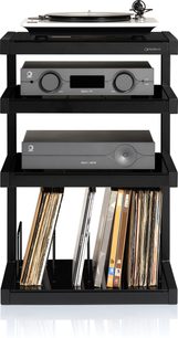 Norstone Design Esse HiFi sort højglans med 4 hylder, pladespiller øverst, forstærkere i midten, vinylplader nederst
