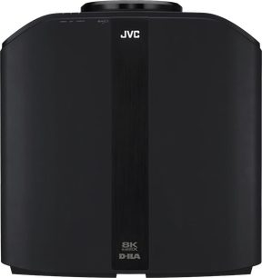 JVC DLA-NZ9 black projector, front view, cubic shape, white JVC logo on black front panel, rear connectivity ports