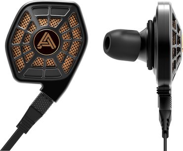 Åbne hi-fi hovedtelefoner Audeze iSINE 20 i sort, set forfra og fra siden, hexagonale ørekopper med gylden gitterbeklædning, sort flettet kabel