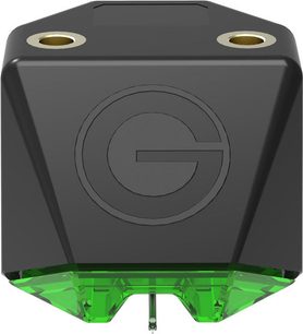 Sort Goldring E2 pladespiller-pickup set ovenfra og forfra. To grønne, translucente pickupper
