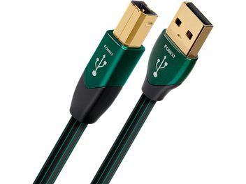 Cavi USB Audioquest Forest da A a B, connettori dorati, guaina verde, bande nere longitudinali, vista ravvicinata delle estremità