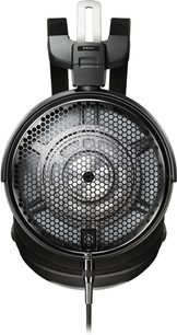 Åbent hovedsæt Audio Technica ATH-ADX5000 i sort, set forfra, med sekskantet metalrist på ørepuderne og sølvfarvet hovedbøjle