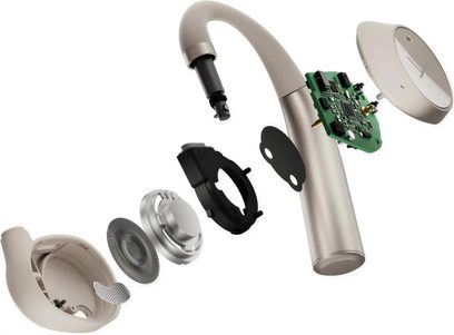 Fone intra-auricular Beyerdynamic VERIO 200 em vista explodida, componentes circulares e cilíndricos, placa de circuito impresso verde