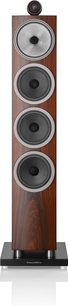 Boxă colună Bowers & Wilkins 702 S3 culoare moca, 4 difuzoare rotunde negre pe fațada din lemn închis la culoare, vedere frontală