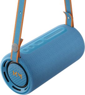 Prenosni Bluetooth zvočnik Loewe We. HEAR pro v denim modri barvi, cilindrične oblike z modrim in oranžnim trakom, v poševnem pogledu