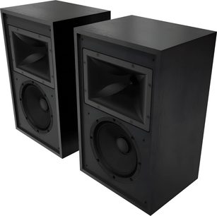 Coppia di diffusori da scaffale Klipsch Rebellion neri, vista di tre quarti, con tromba e altoparlante circolare visibili