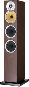 Bowers & Wilkins CM8 wengé gulvhøjttaler, set forfra, mørkt træhøjttaler, 4 runde sølvfarvede og guldfarvede højttalere