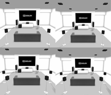 Quatro sistemas de home theater idênticos em preto e branco, compostos por uma tela, alto-falantes e uma caixa de graves, vistos de frente