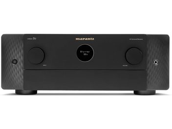 Marantz Cinema 50 black home theater amplifier, front panel, central display, buttons, large volume knob