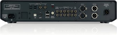 Stereofonní předzesilovač Cyrus 80 PRE, pohled zezadu, konektivita USB, HDMI eARC, analogové vstupy a XLR
