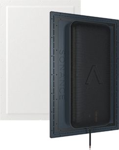 Sonance IS10W rektangulær indbygningshøjttaler til væg, mat sort perforeret ramme, sort metalfront, præget logo