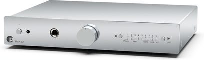 Integreeritud stereo hi-fi võimendi Pro-Ject MaiA S2 Chrome, ristkülikukujuline korpus, keskne ümmargune nupp, esipaneelil pistikud ja valikunupud