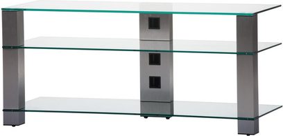 TV-møbel i glas og metal, 3 rektangulære hylder, 4 firkantede ben, minimalistisk design, Sonorous PL3400