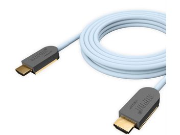 Dwa jasnoniebieskie kable HDMI zwinięte w krążek, czarne złącza, aktywne adaptery optyczne Supra 8K/HDR 12m