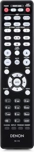Sort Denon RC-1173 fjernbetjening med farverige knapper og LCD-skærm, der viser forskellige lydindstillinger og funktioner