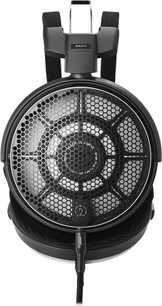 Cuffie cablate aperte Audio Technica ATH-ADX7000 nere, vista frontale del padiglione destro, griglia a nido d’ape in metallo, cavo in basso