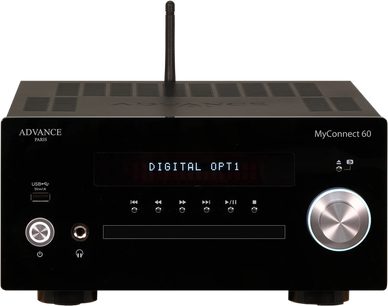 Avanceret Paris MyConnect 60 sort alt-i-en hi-fi-system, frontpanel med LED-skærm, knapper og sølvfarvet drejeknap
