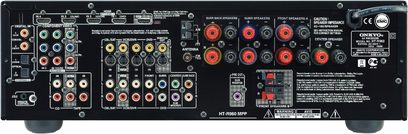 Domácí kino Onkyo HT-R990 MPP černé, zadní pohled, detailní záběr, mnoho audio/video konektorů a ovládacích tlačítek