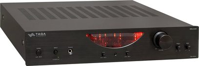 Sort Taga Harmony HTA-600 stereo hi-fi-forstærker, frontpanel med knapper, stik og rød LED-skærm, ventilationsgitter