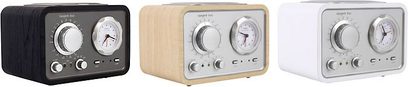Tre retro Tangent Duo-radioer i sort, lyst træ og hvid, set forfra, med analoge urskiver og drejeknopper