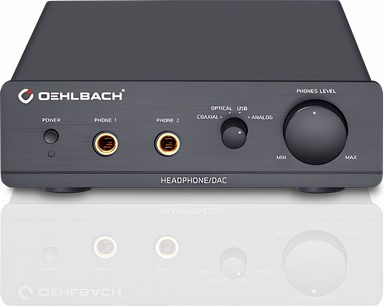 Hovedtelefon-forstærker/DAC Oehlbach XXL DAC ULTRA sort, frontpanel med hovedtelefonstik, koaksial, optisk, mini-jack, potentiometer og vælger