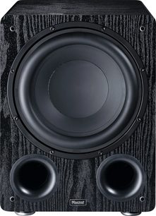 Siyah Alpha RS 12 subwoofer, dikdörtgen ön panel, merkezde dairesel hoparlör, altta 2 yuvarlak port, dokulu yüzey işlemi