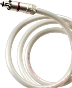 Biały kabel audio optyczny Van den Hul The Optocoupler MKII z metalową wtyczką Toslink, zwinięty