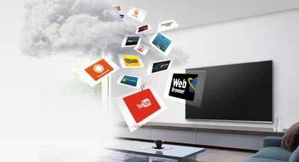 Televízor zobrazujúci webový prehliadač, obklopený logami webových stránok a aplikácií vznášajúcimi sa vo vzduchu