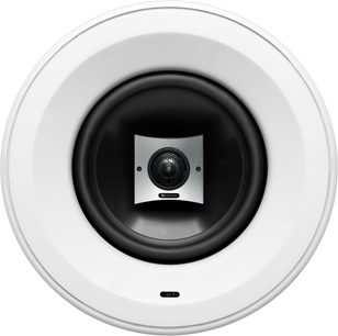 Boston Acoustics VSi580 indbygningshøjttaler til loft, med centralt placeret firkantet diskant, rund basenheder og hvid ring, set forfra