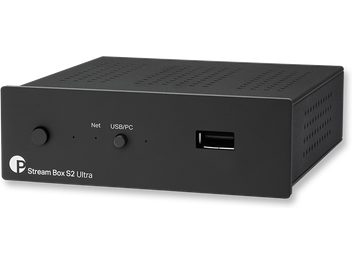 Мрежов аудио плеър Stream Box S2 Ultra в правоъгълен черен корпус, предна страна с бутон, USB портове, надписи и вентилационни отвори