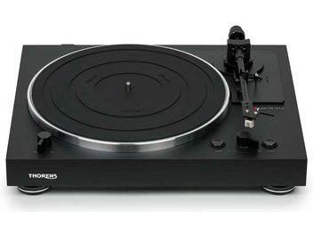 Juodas matinis Thorens TD 101 A vinilinių plokštelių grotuvas, matomas iš viršaus su nuskaitymo galvute, padėklu ir valdymo elementais ant juodo stačiakampio rėmo