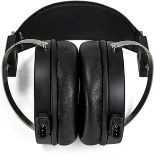 Open-back hi-fi headphones STAX SR-X1, front view, black ear pads, black headband, connectors visible at the bottom of the ear cups