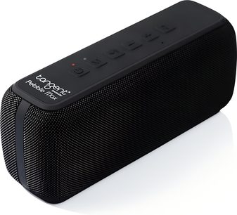 Enceinte Bluetooth portable Tangent Pebble Max noire, grille métallique, boutons supérieurs, vue de trois-quarts