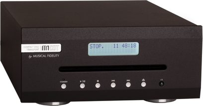 Musical Fidelity M1 CDT sort CD-afspiller, frontvisning, grøn LCD-skærm, sølvfarvede kontrolknapper på mat sort frontpanel