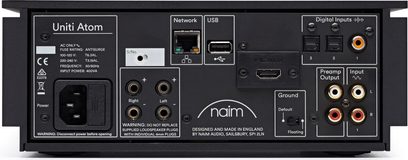 Naim Uniti Atom stereo hi-fi-forstærker, bagside, netværksforbindelse, USB, digitale og analoge ind- og udgange