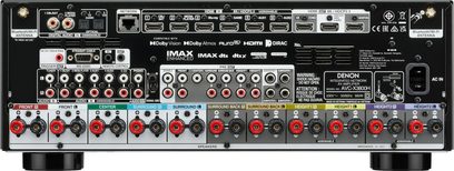 Denon AVC-X3800H schwarzer Heimkino-Verstärker, Frontansicht, zahlreiche Anschlüsse und Tasten, zentrale Anzeige, 13 Drehregler